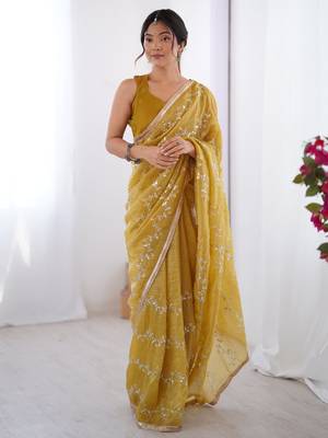 Stunning mustard yellow organza haldi wear saree with blouse 1