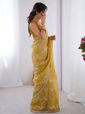 Stunning mustard yellow organza haldi wear saree with blouse 2