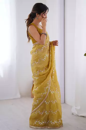 Stunning mustard yellow organza haldi wear saree with blouse
