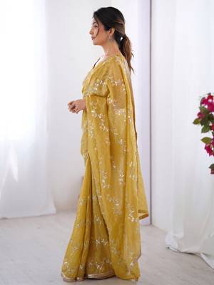 Stunning mustard yellow organza haldi wear saree with blouse 3