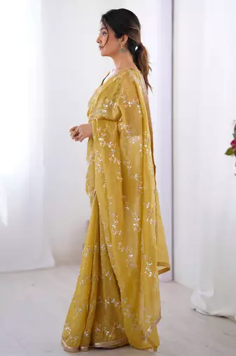Stunning mustard yellow organza haldi wear saree with blouse
