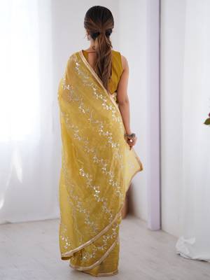 Stunning mustard yellow organza haldi wear saree with blouse 4