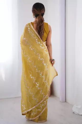 Stunning mustard yellow organza haldi wear saree with blouse