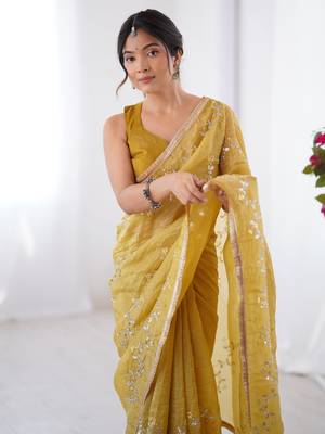 Stunning mustard yellow organza haldi wear saree with blouse 5
