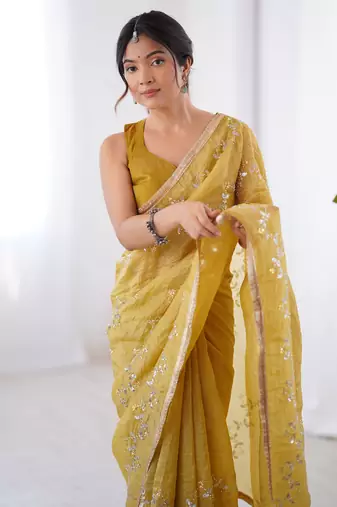 Stunning mustard yellow organza haldi wear saree with blouse