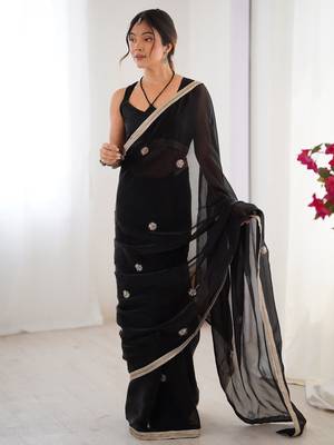 Adorning black silk sequins ceremonial wear saree with blouse 2
