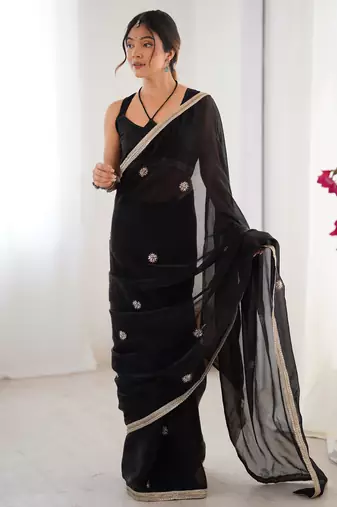 Adorning black silk sequins ceremonial wear saree with blouse
