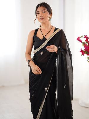 Adorning black silk sequins ceremonial wear saree with blouse 3