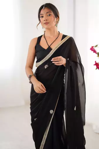 Adorning black silk sequins ceremonial wear saree with blouse