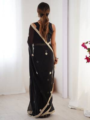 Adorning black silk sequins ceremonial wear saree with blouse 4