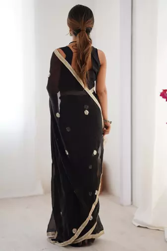 Adorning black silk sequins ceremonial wear saree with blouse