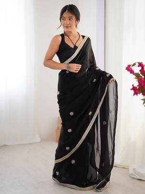 Adorning black silk sequins ceremonial wear saree with blouse 5