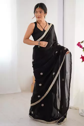 Adorning black silk sequins ceremonial wear saree with blouse