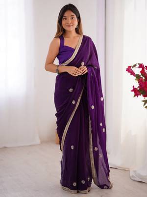 Mesmerizing purple beads work silk saree with blouse 1