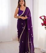 Mesmerizing purple beads work silk saree with blouse