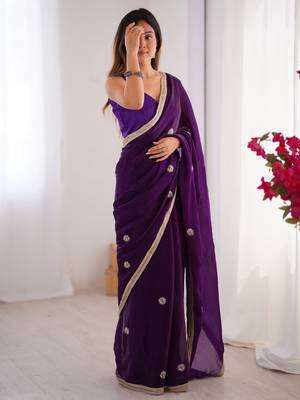 Mesmerizing purple beads work silk saree with blouse 2