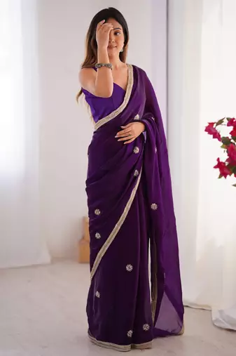 Mesmerizing purple beads work silk saree with blouse