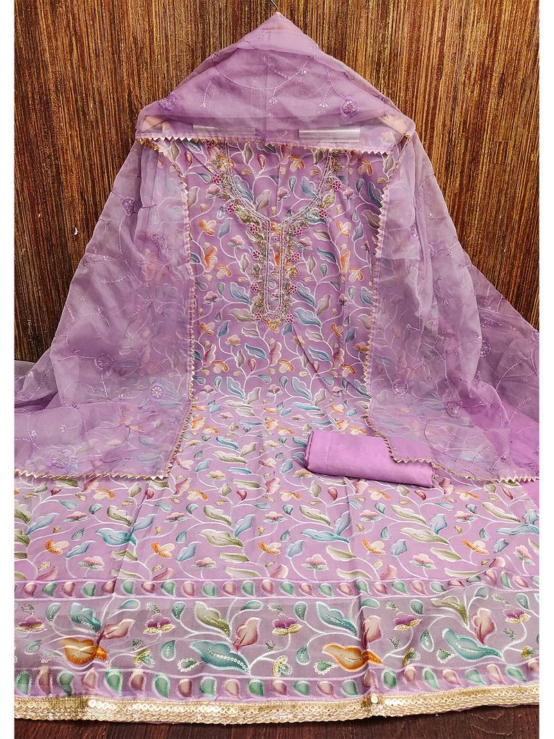 Pink unstitched sequence work organza dress material.