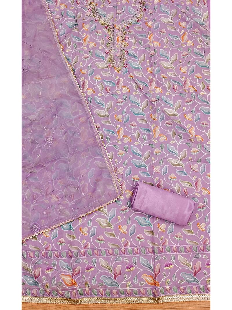 Pink unstitched sequence work organza dress material.