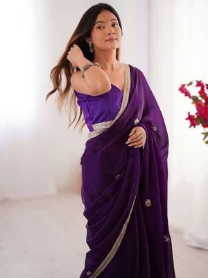 Mesmerizing purple beads work silk saree with blouse 4
