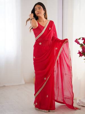 Lovely red silk sequins designer saree with blouse 1