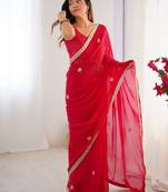 Lovely red silk sequins designer saree with blouse