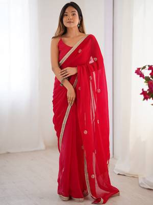 Lovely red silk sequins designer saree with blouse 3