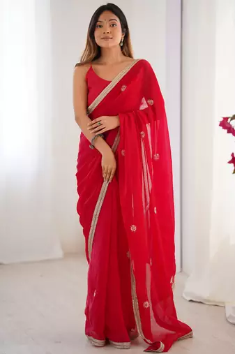 Lovely red silk sequins designer saree with blouse
