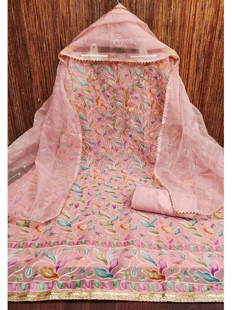 Peach unstitched sequence work organza dress material.