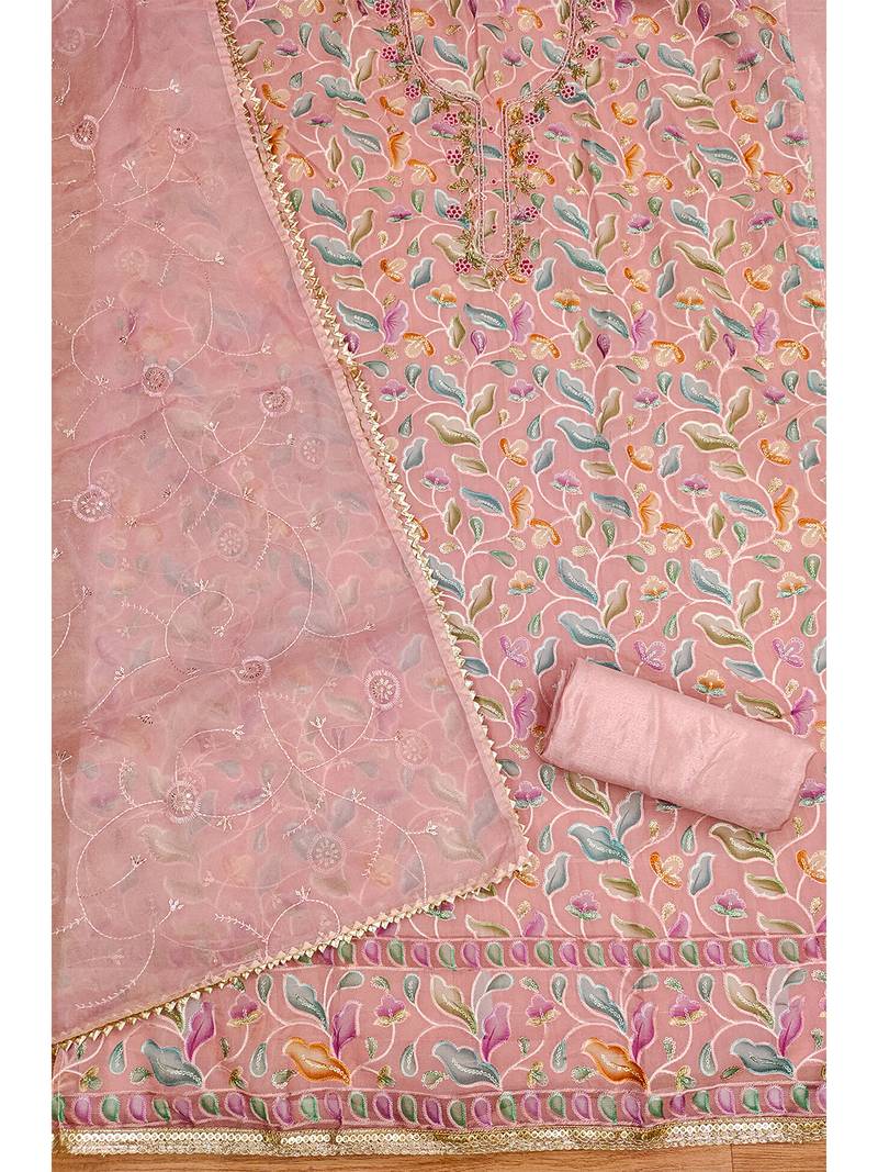 Peach unstitched sequence work organza dress material.