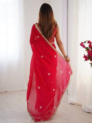 Lovely red silk sequins designer saree with blouse 4