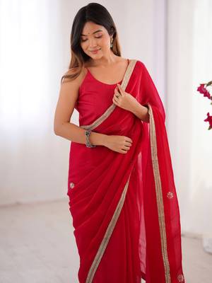 Lovely red silk sequins designer saree with blouse 5
