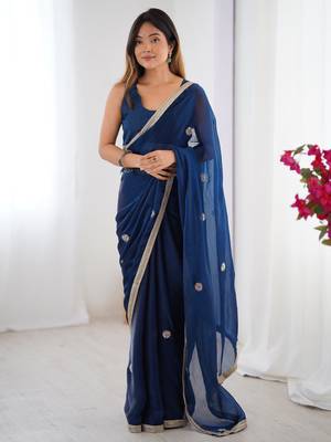 Glamourous blue beads work party wear saree with blouse 1