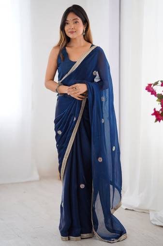 Glamourous blue beads work party wear saree with blouse
