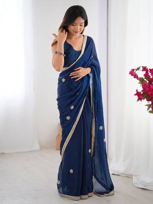 Glamourous blue beads work party wear saree with blouse 2