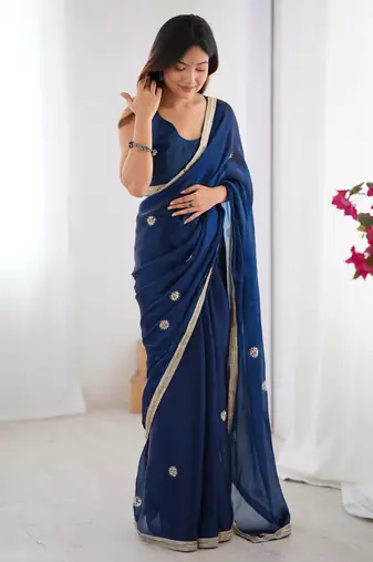 Glamourous blue beads work party wear saree with blouse