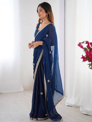 Glamourous blue beads work party wear saree with blouse 3