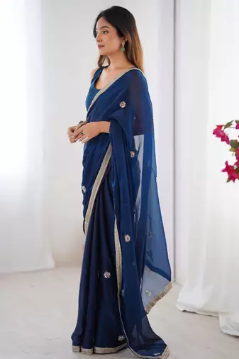 Glamourous blue beads work party wear saree with blouse