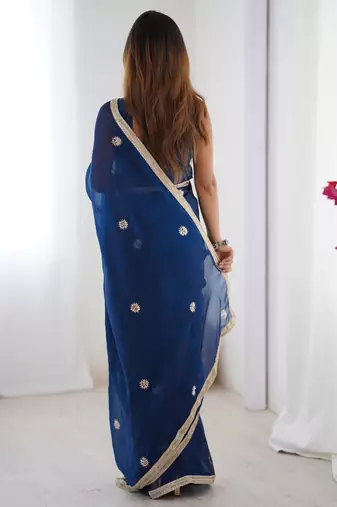 Glamourous blue beads work party wear saree with blouse