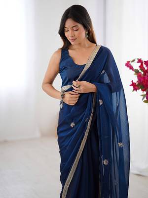Glamourous blue beads work party wear saree with blouse 5