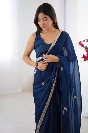 Glamourous blue beads work party wear saree with blouse