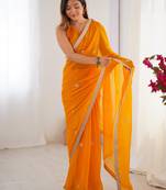 Majestic orange silk sequins haldi wear saree with blouse