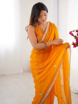 Majestic orange silk sequins haldi wear saree with blouse 3