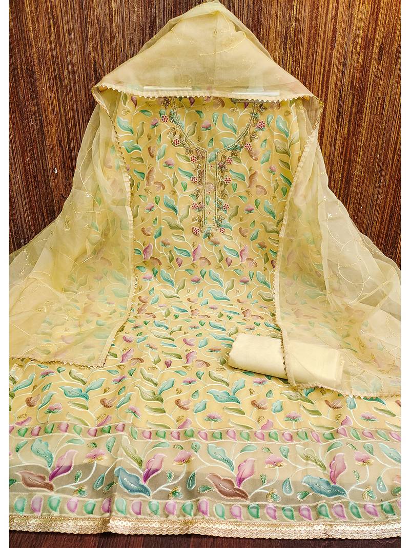 Yellow unstitched sequence work organza dress material.