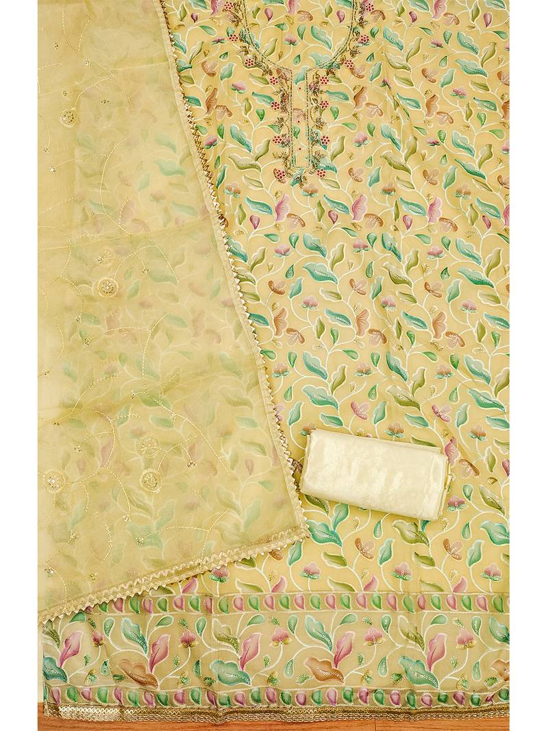 Yellow unstitched sequence work organza dress material.