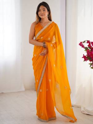 Majestic orange silk sequins haldi wear saree with blouse 5