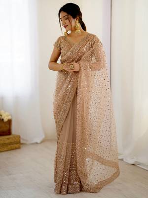 Gorgeous gold net sequins party wear saree with blouse 1