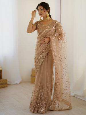 Gorgeous gold net sequins party wear saree with blouse 2