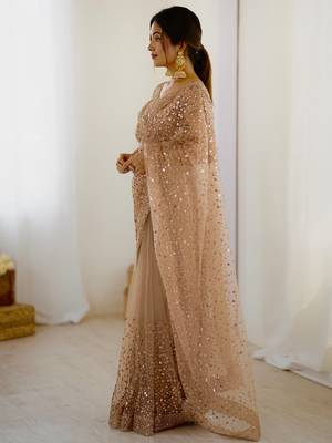 Gorgeous gold net sequins party wear saree with blouse 3