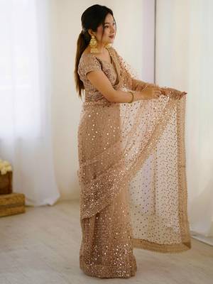 Gorgeous gold net sequins party wear saree with blouse 4